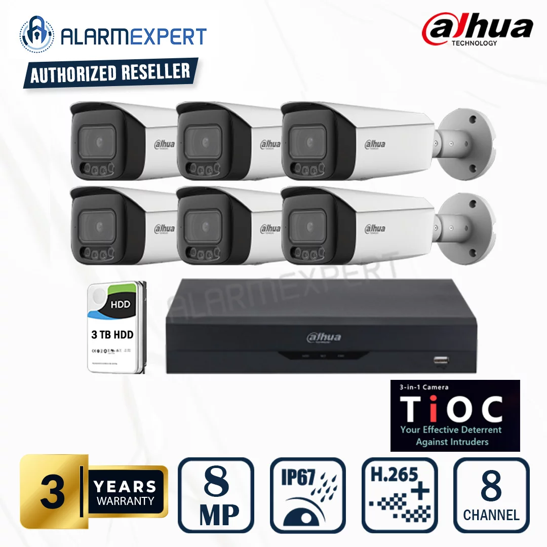 Dahua 6x 8MP TiOC Active Deterrence 2.0 IP Bullet Fixed 2.8mm Camera with 8 Channel NVR & 3TB HDD