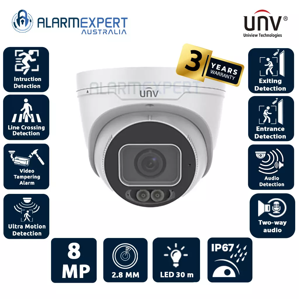 Uniview 8MP IP Prime Deep Learning AI Series Full Colour Turret, Perimeter, ColourHunter, 2.8mm, 120dB WDR, 30m White Light, Triple Streams, Built-in Mic, POE or 12VDC, IP67, IK10