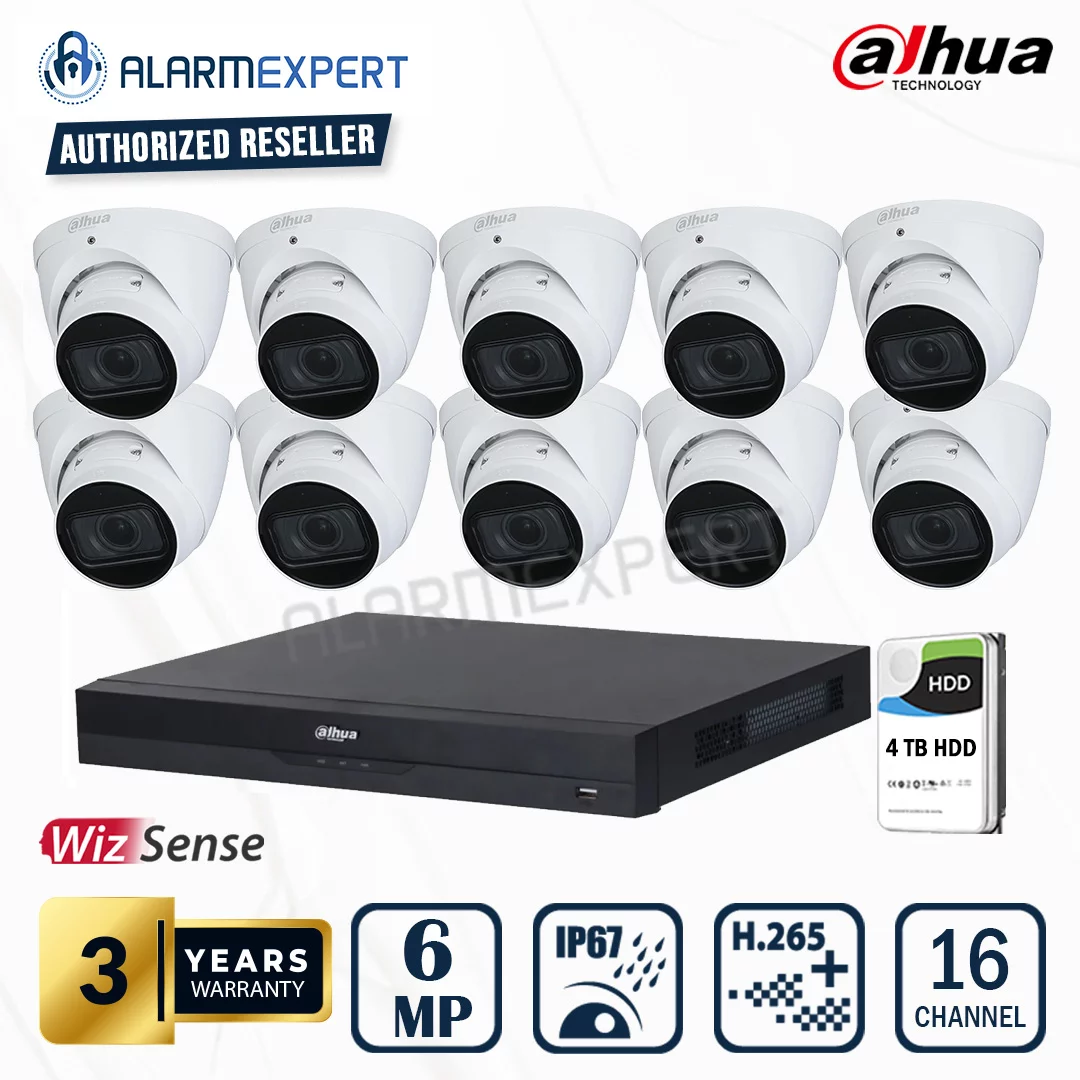 Dahua 10 x 6MP WizSense Motorised Starlight Turret with 16 Channel NVR and 4TB HDD