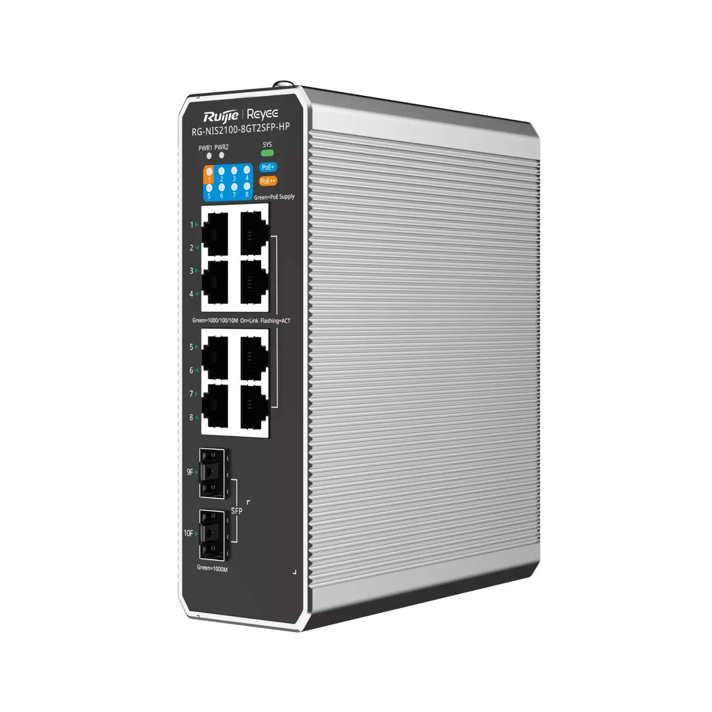 Ruijie 10-Port Cloud Managed Industrial Switch, with 1 x PoE++ Port, 7 x PoE+ Ports, and 2 x SFP Uplink Ports RG-NIS2100-8GT2SFP-HP
