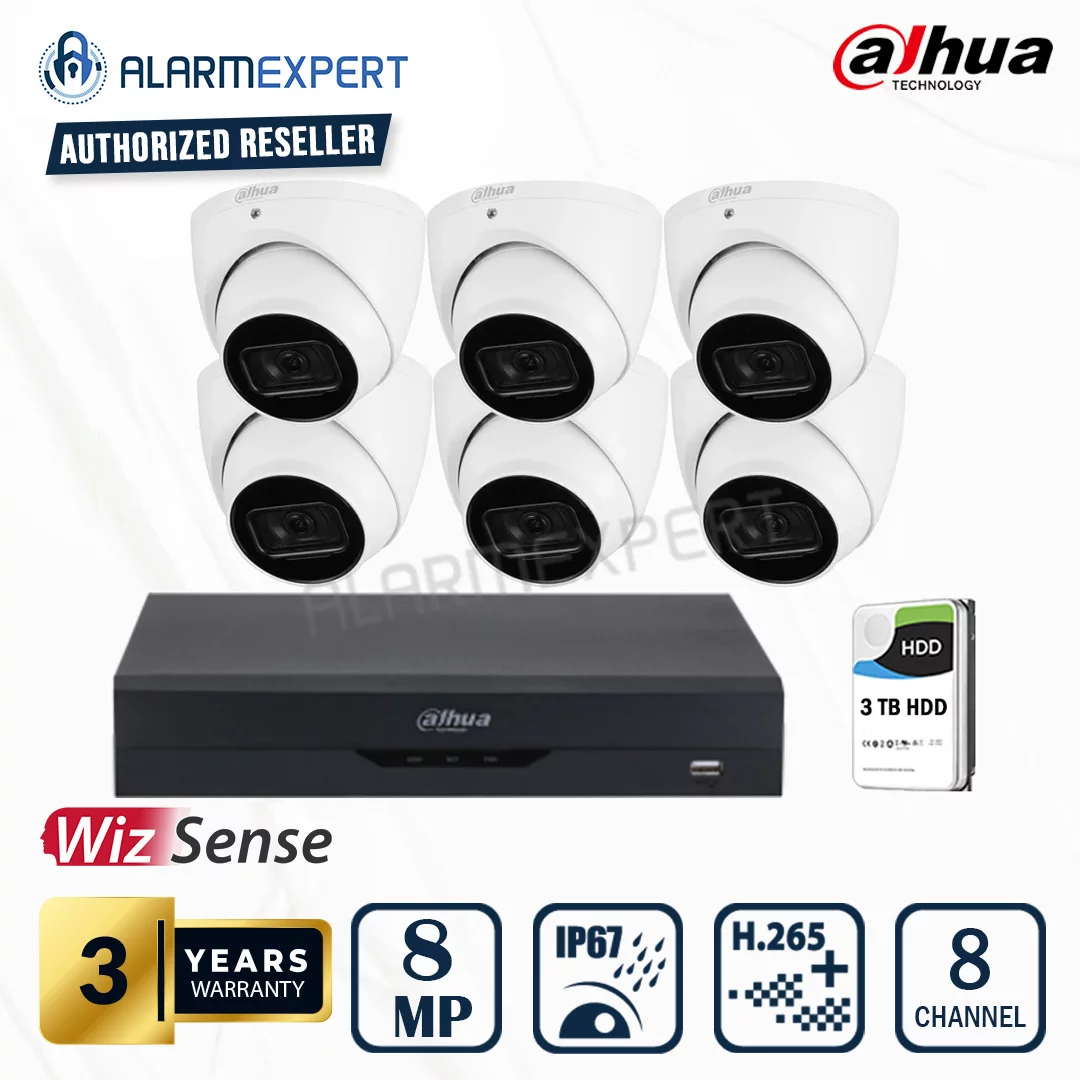 Dahua 6 x 8MP (4K) WizSense Fixed Starlight Turret Camera with 8 Channel NVR and 3TB HDD