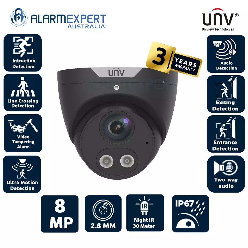 Uniview 8MP Intelligent Light and Audible Warning Lens 2.8 mm IP Camera Black IPC3618SB-ADF28KMC-I0
