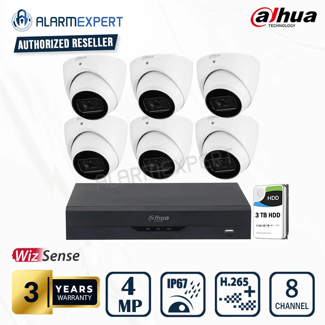 Dahua 6 x 4MP WizSense Fixed Starlight Turret with 8 Channel NVR and 3TB HDD, IR: 50m