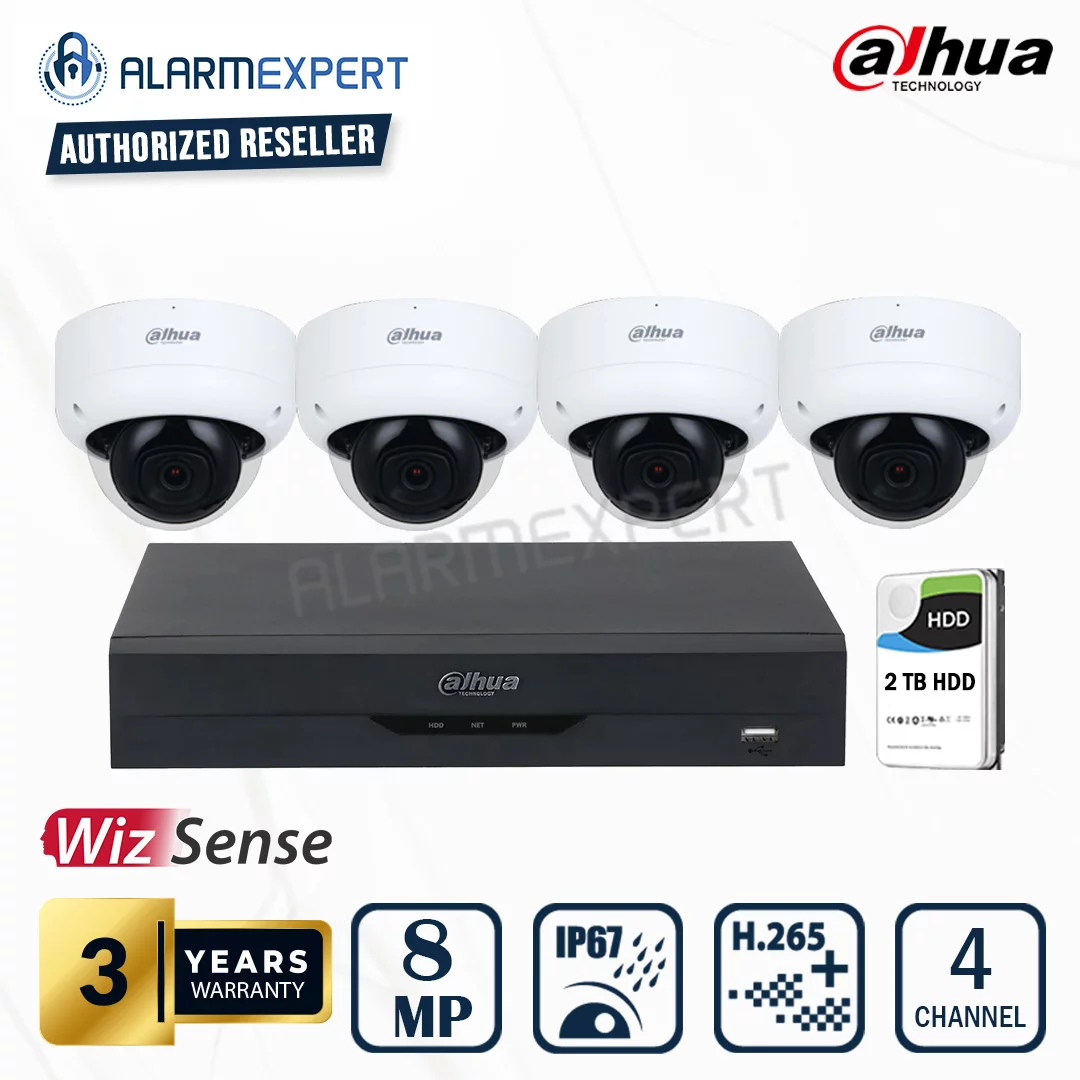 Dahua 4 x 8MP (4K) WizSense Fixed Starlight Dome Camera with 4 Channel NVR and 2TB HDD