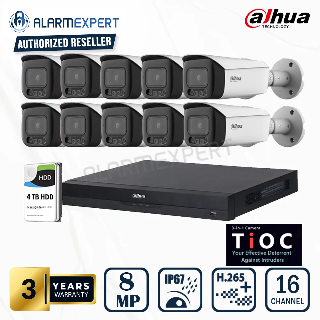 Dahua 10x 8MP TiOC Active Deterrence 2.0 IP Bullet Fixed 2.8mm Camera with 16 CH NVR & 4TB HDD