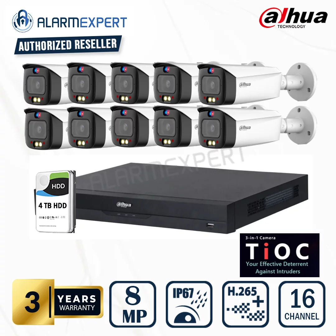 Dahua 10 x 8MP TIOC 2.0 Fixed-focal Bullet WizSense IP Camera with 16 Channel NVR & 4TB HDD