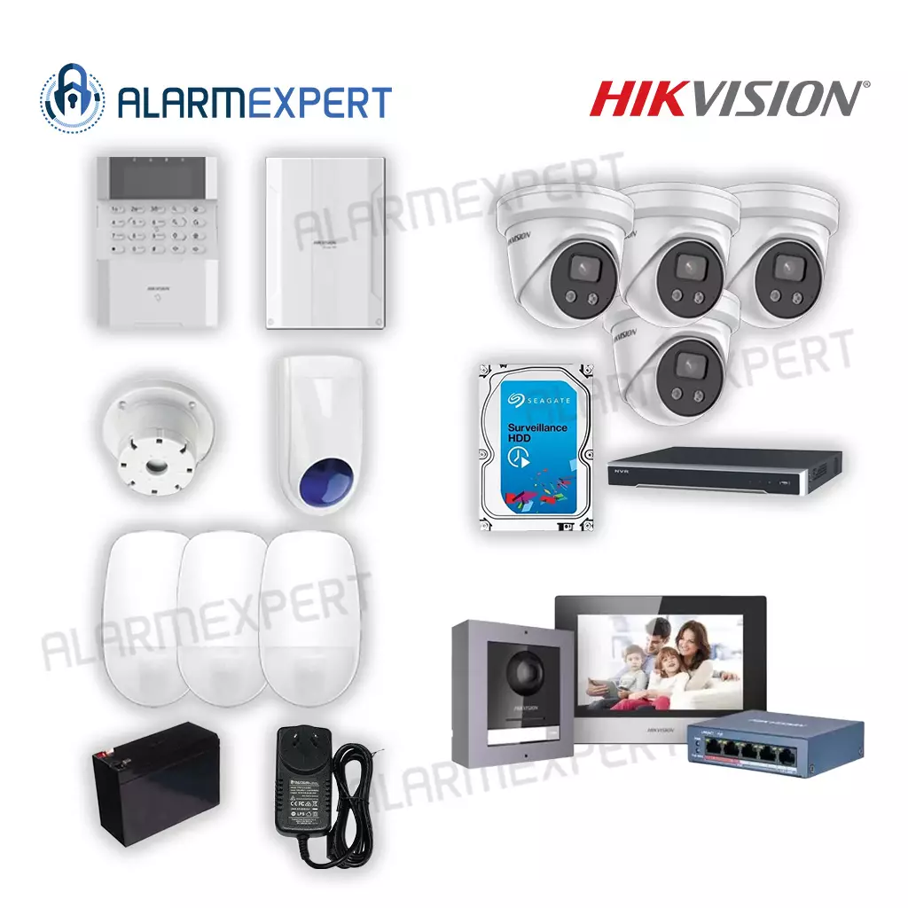 Hikvision  3 in 1 Kit with CCTV 4x 6MP, IP Intercom and Alarm Hybrid Pro with 3 PIR