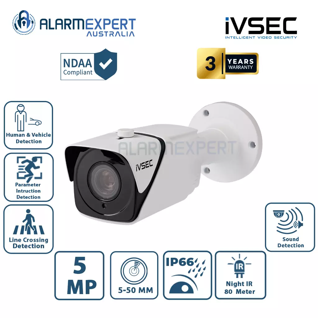 IVSEC IVNC528XB Bullet IP Camera, 5MP, 5-50MM Motorised Lens, POE, IP66, 80M IR, IVS