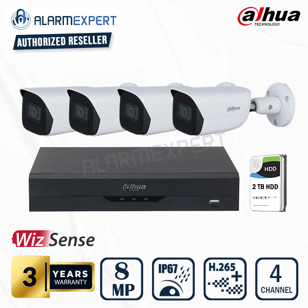 Dahua 4 x 8MP (4K) WizSense Fixed Starlight Bullet Camera with 4 Channel NVR and 2TB HDD