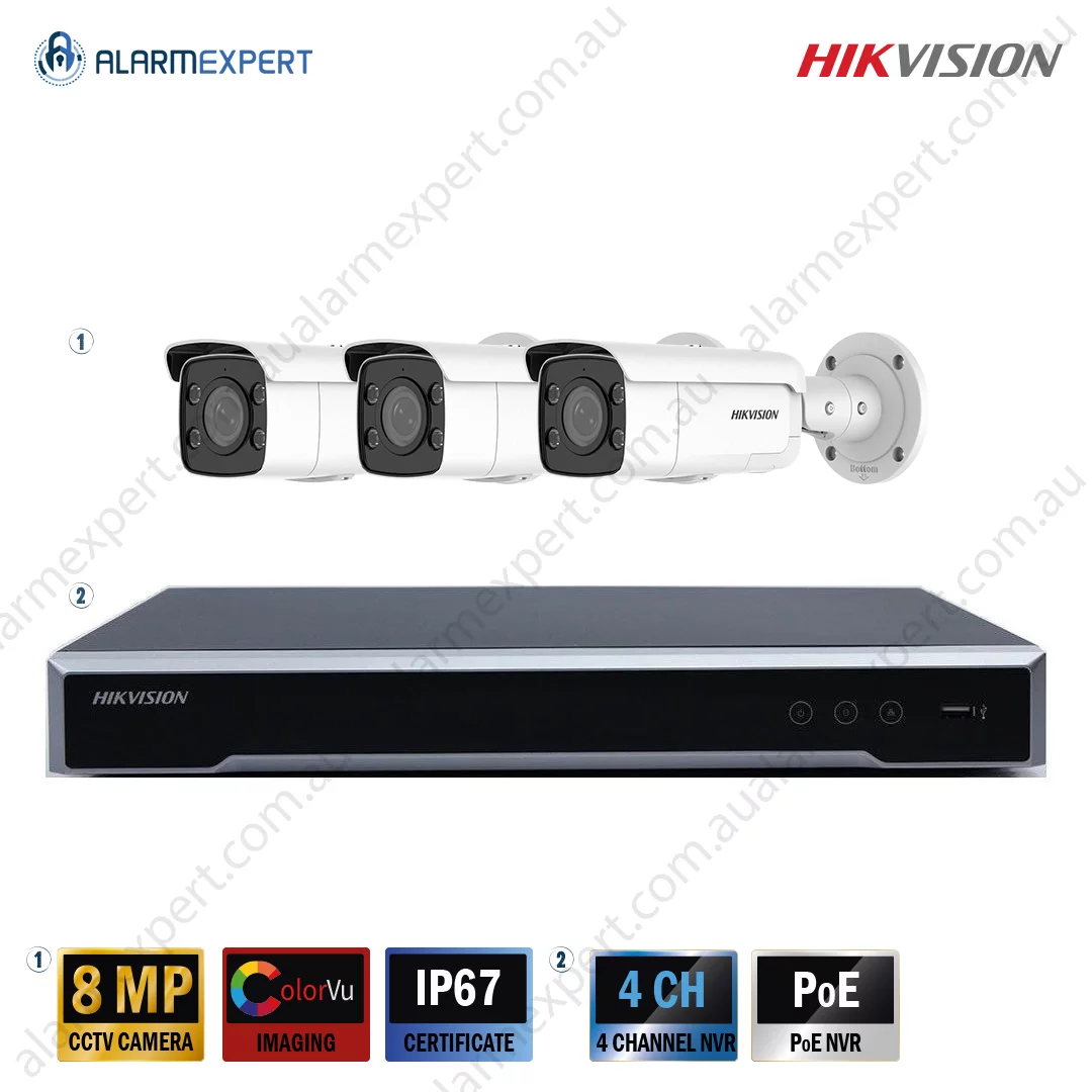 Hikvision 3 x 8 MP ColorVu Strobe Light and Audible Warning Fixed Bullet Bundle Kit with 4CH NVR