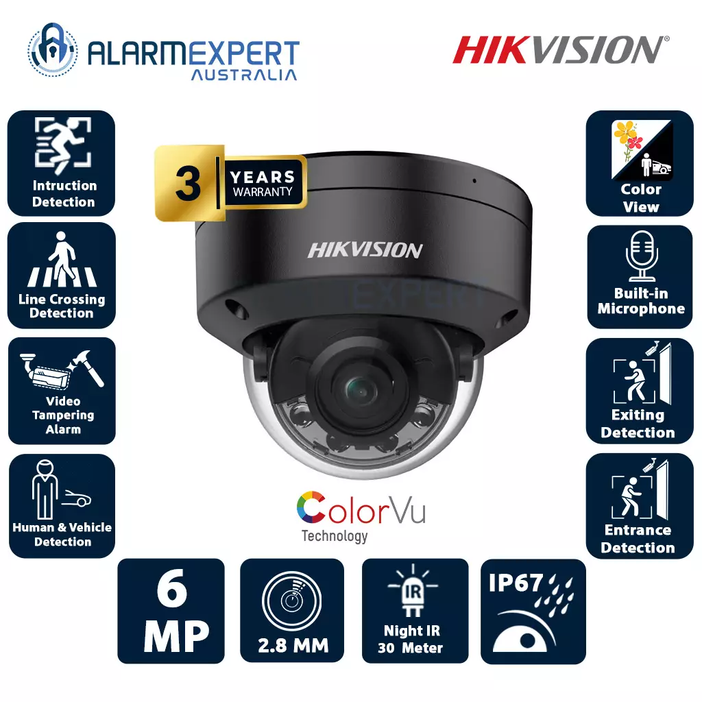 Hikvision 6 MP Smart Hybrid Light ColorVu Fixed Dome IP Camera Black DS-2CD2167G2H-LISU