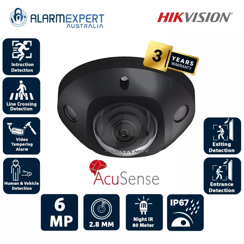 Hikvision 6 MP AcuSense Built-in Mic Fixed Mini Dome Network Camera Black DS-2CD2566G2-IS