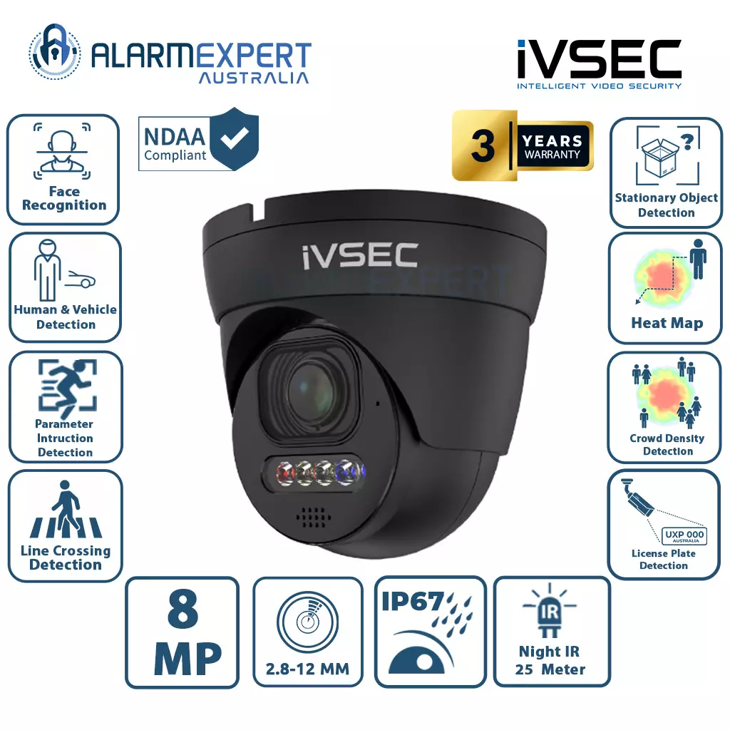IVSEC Turret IP CAM, 8MP, 25FP Motorised 2.8-12MM, Full Colour, ADV DET, ADV IVS, Black