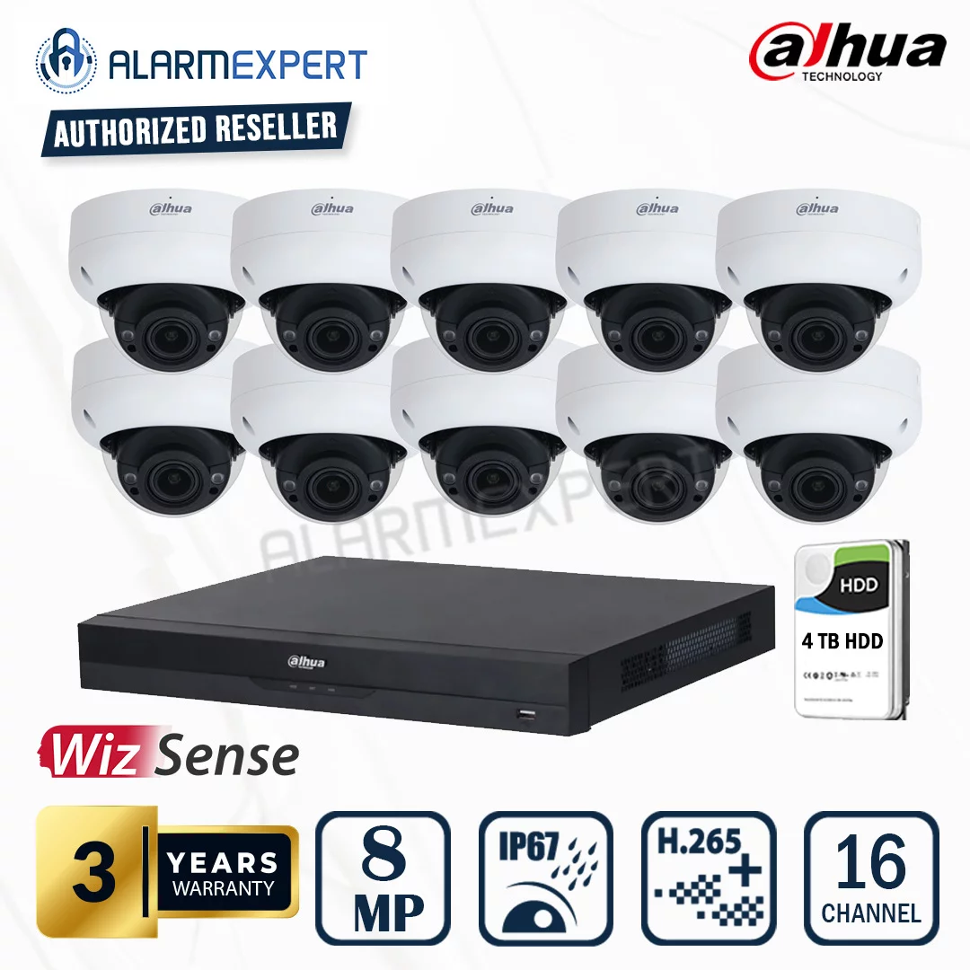 Dahua 10 x 8MP (4K) WizSense Motorised Starlight Dome Camera with 16 Channel NVR and 4TB HDD