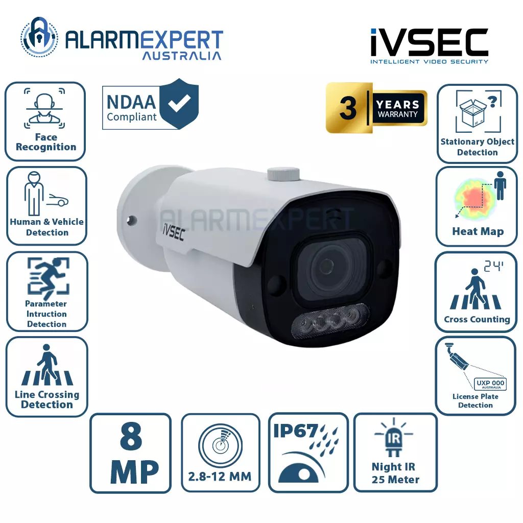 IVSEC Bullet IP Camera 8 MP, 25FPS, Motorised 2.8-12mm Lens Full Colour NC531ADX
