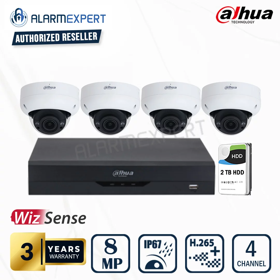 Dahua 4 x 8MP (4K) WizSense Motorised Starlight Dome Camera with 4 Channel NVR and 2TB HDD