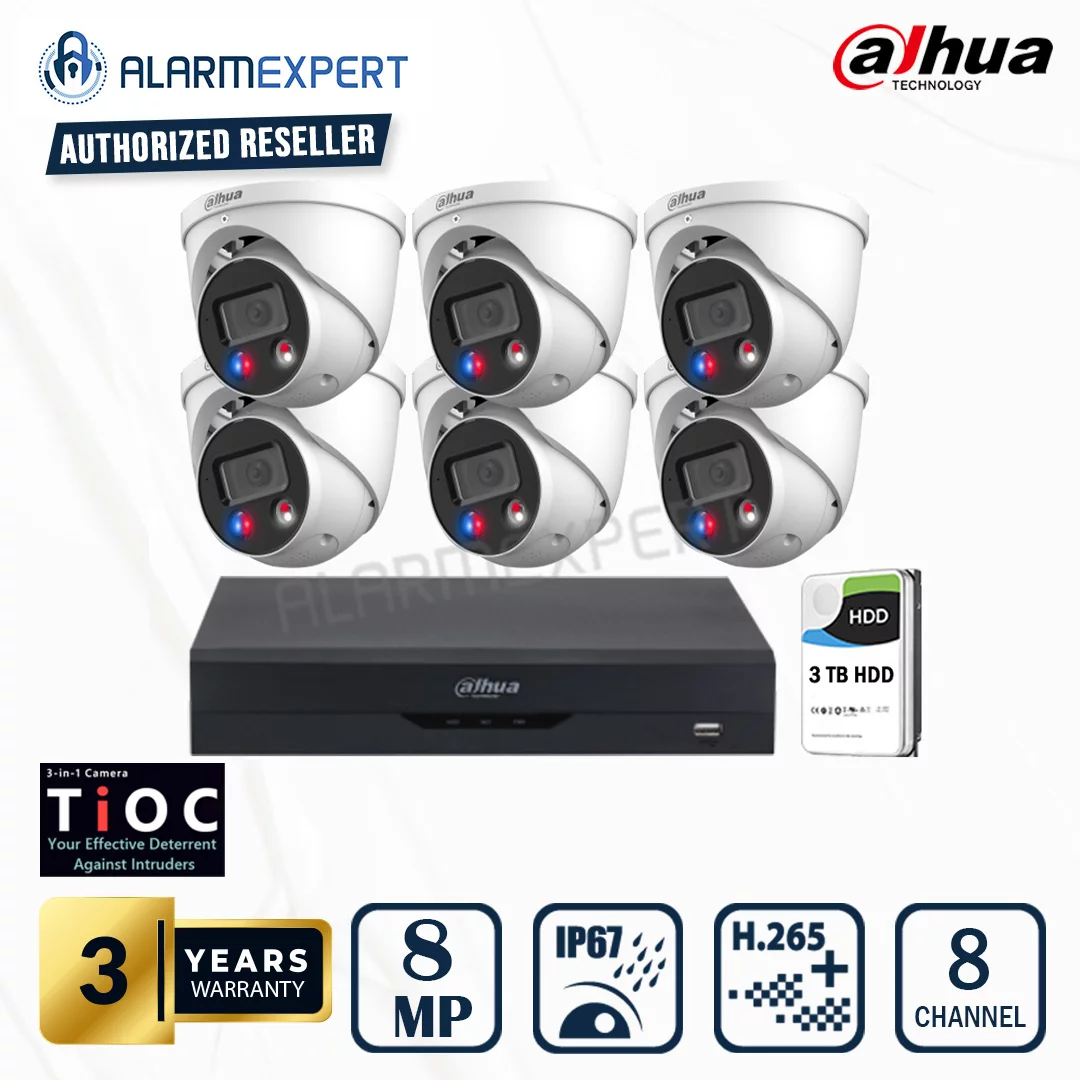 Dahua 6x 8MP TiOC 2.0 Smart Dual Illumination Fixed WizSense Turret Camera with 8 CH NVR & 3TB HDD