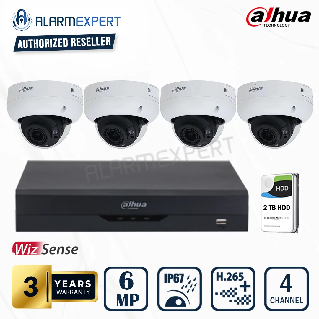 Dahua 4 x 6MP WizSense Motorised Starlight Dome with 4 Channel NVR and 2TB HDD