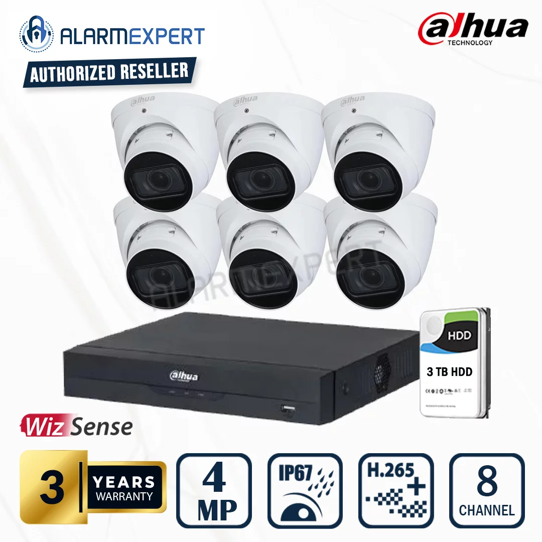 Dahua 6 x 4MP WizSense Fixed Starlight Turret with 8 Channel NVR and 3TB HDD, IR: 40m