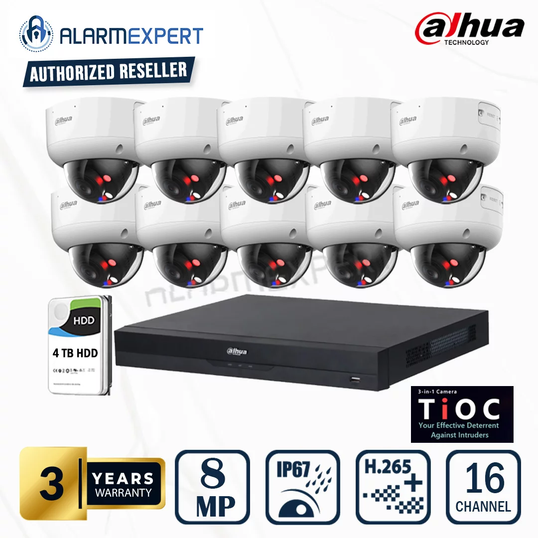Dahua 10x 8MP TIOC 2.0 Vari-focal Dome WizSense IP Camera with 16 Channel NVR and 4TB HDD