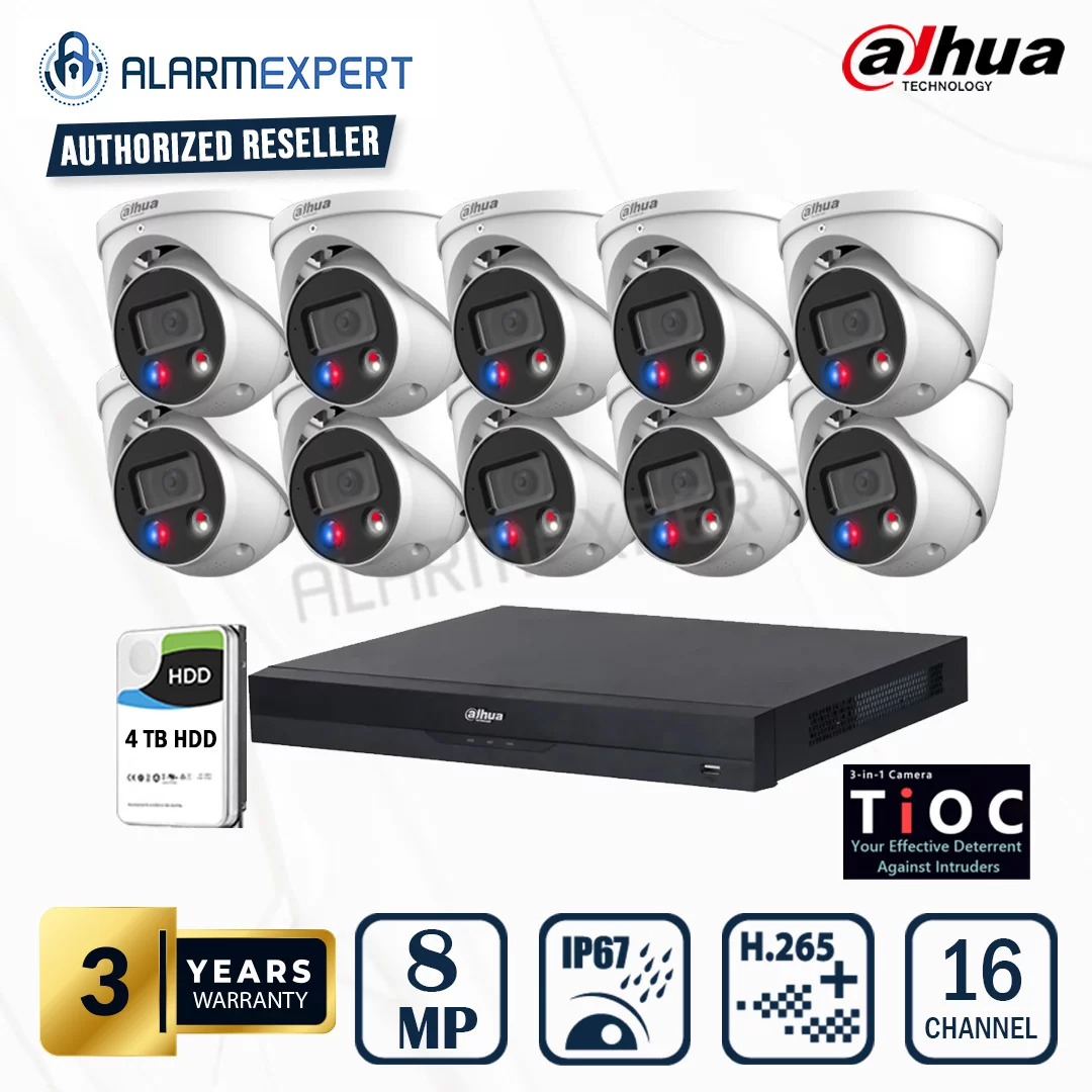 Dahua 10 x 8 MP TiOC 2.0 Fixed WizSense Turret Camera with 16 Channel NVR and 4TB HDD