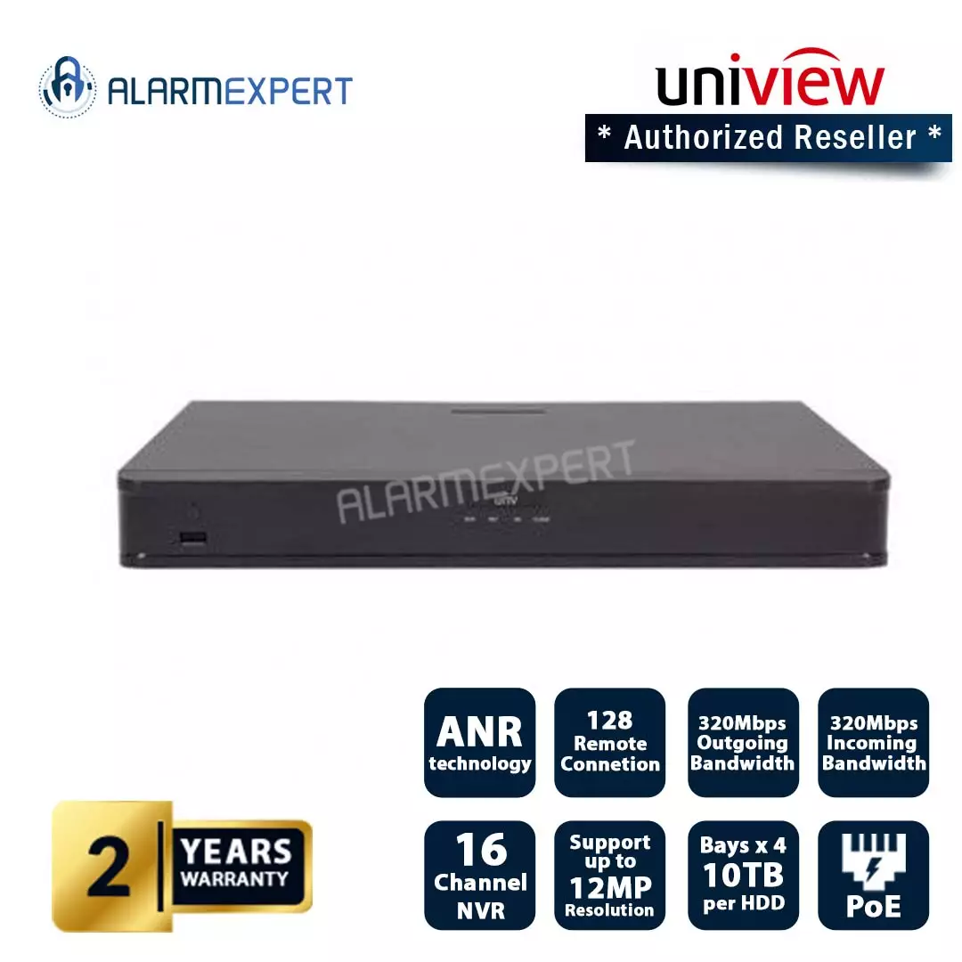 Uniview 16CH AI NVR 16X POE UPTO 12MP 320MBPS Input 4X SATA HDD Port Up To 10TB NVR304-16E2-P16