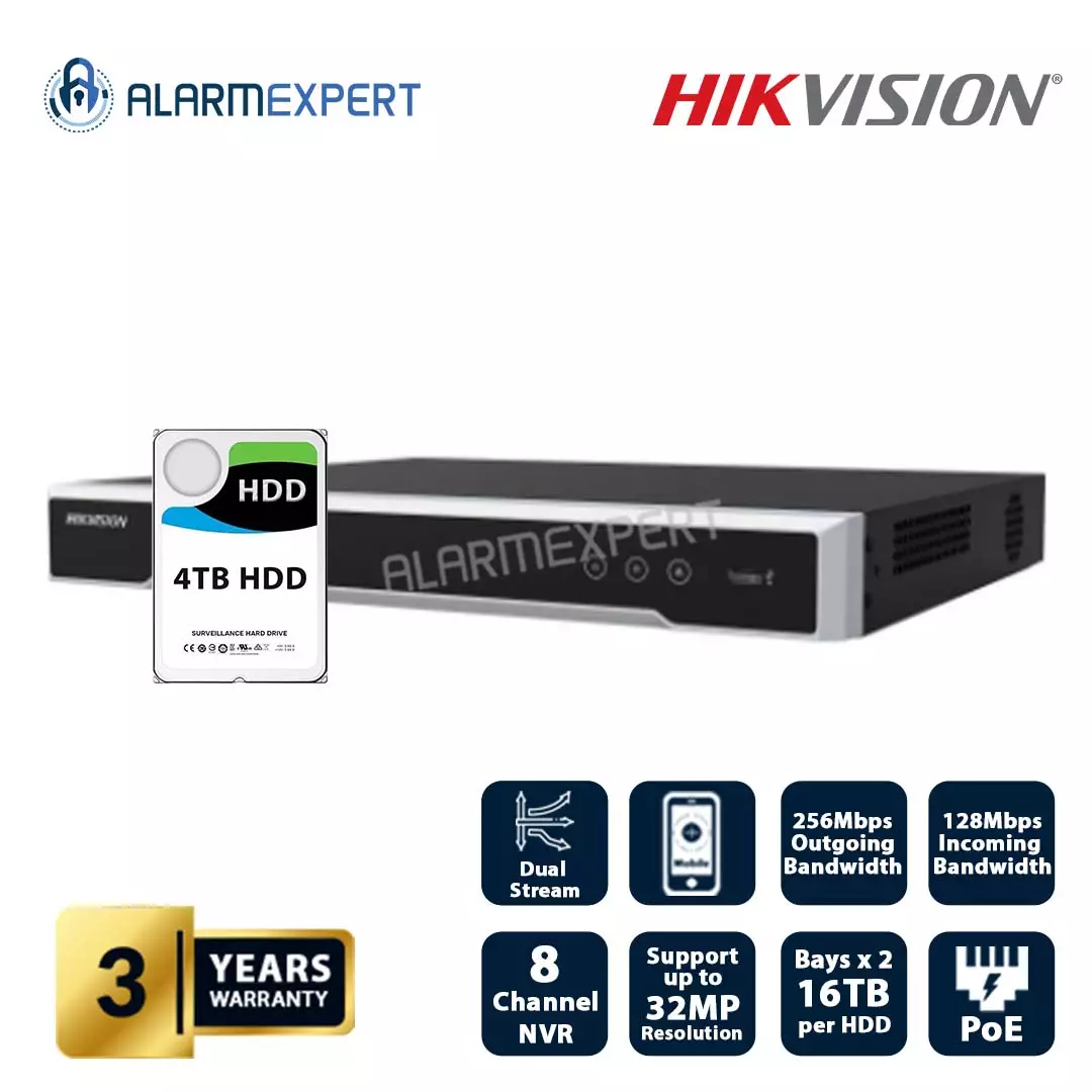 Hikvision 8 Channel 1U 8 PoE 8K NVR with 4 TB HDD DS-7608NI-M2/8P