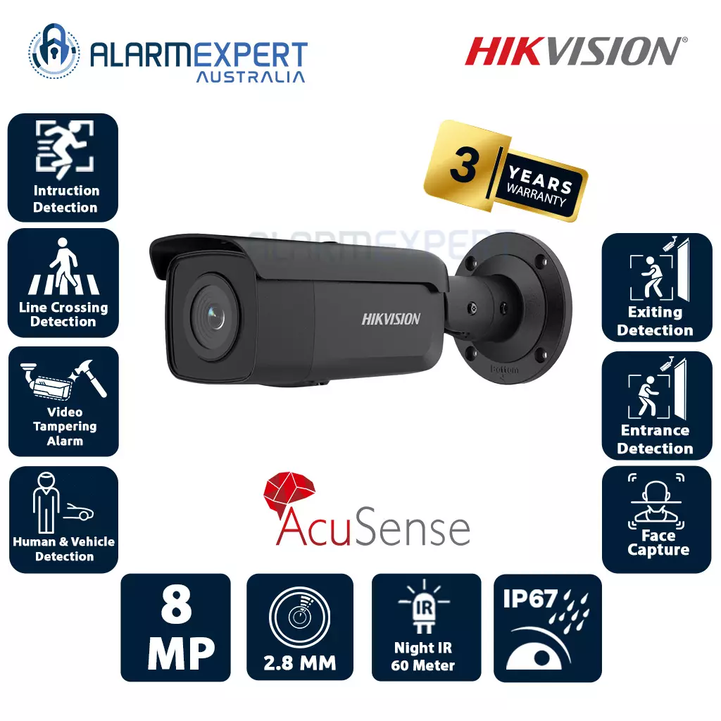 Hikvision 8 MP AcuSense Fixed Bullet Lens 2.8 mm Network Camera Black DS-2CD2T86G2-2I
