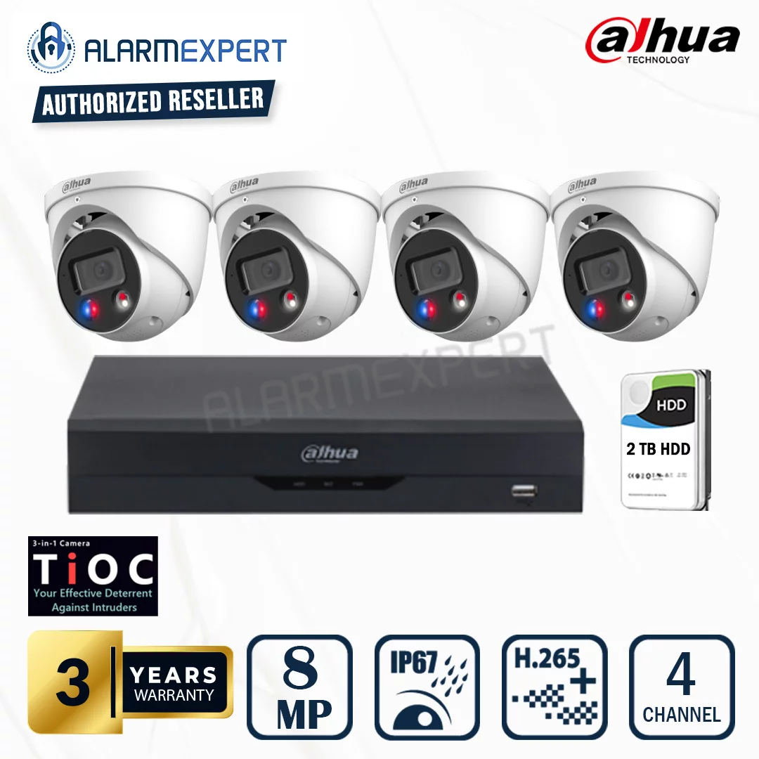Dahua 4x 8 MP TiOC 2.0 Fixed WizSense Turret Camera with 4 Channel NVR and 2TB HDD