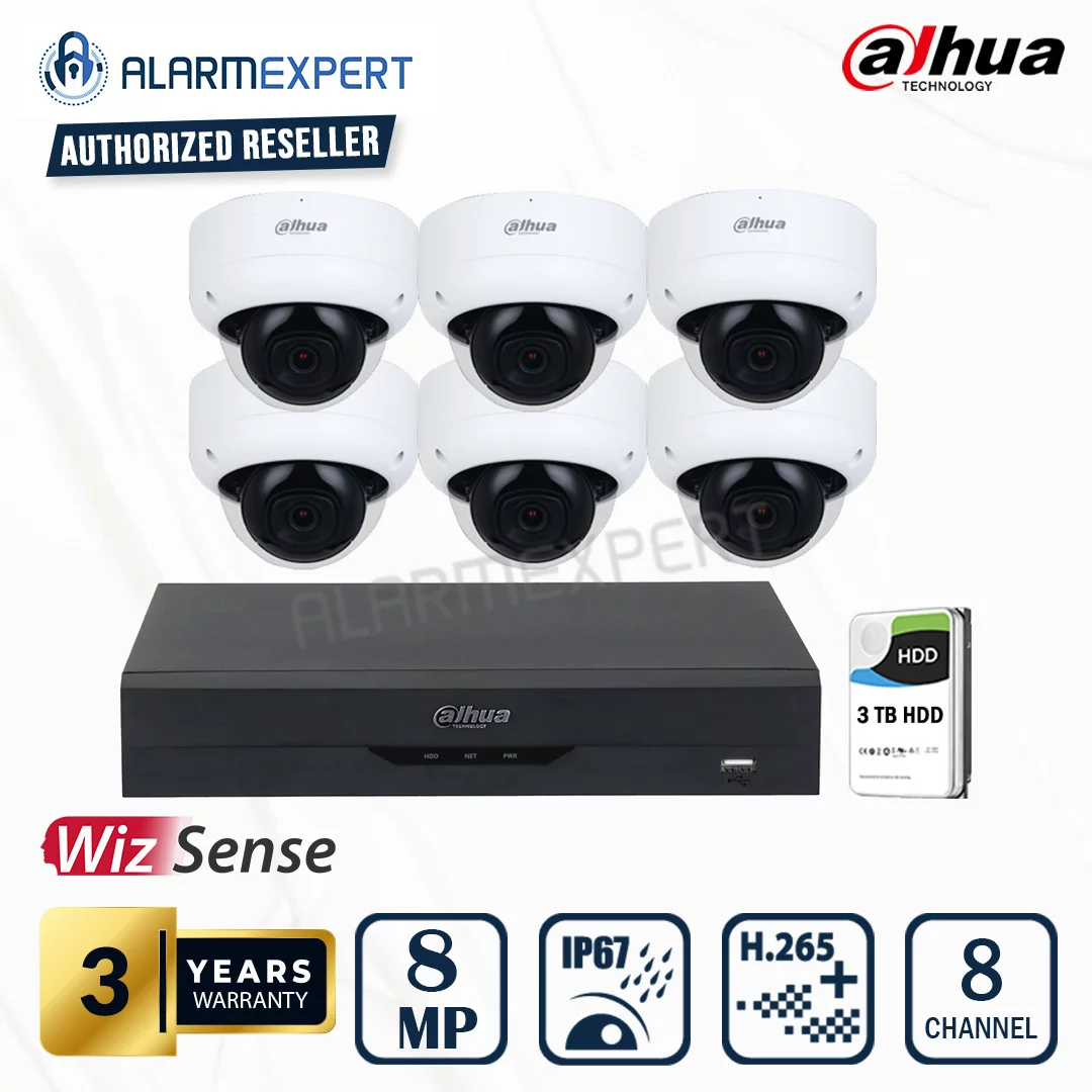 Dahua 6 x 8MP WizSense Fixed Starlight Dome Camera with 8 Channel NVR and 3TB HDD