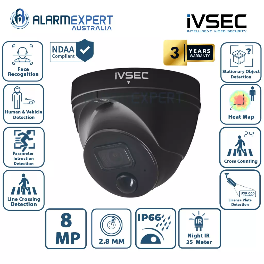 IVSEC IVNC323XD-BLK Dome IP Camera, 8MP, Sony Sensor, 3.6MM Lens, POE, IP66, 30M IR, PIR, IVS, Black