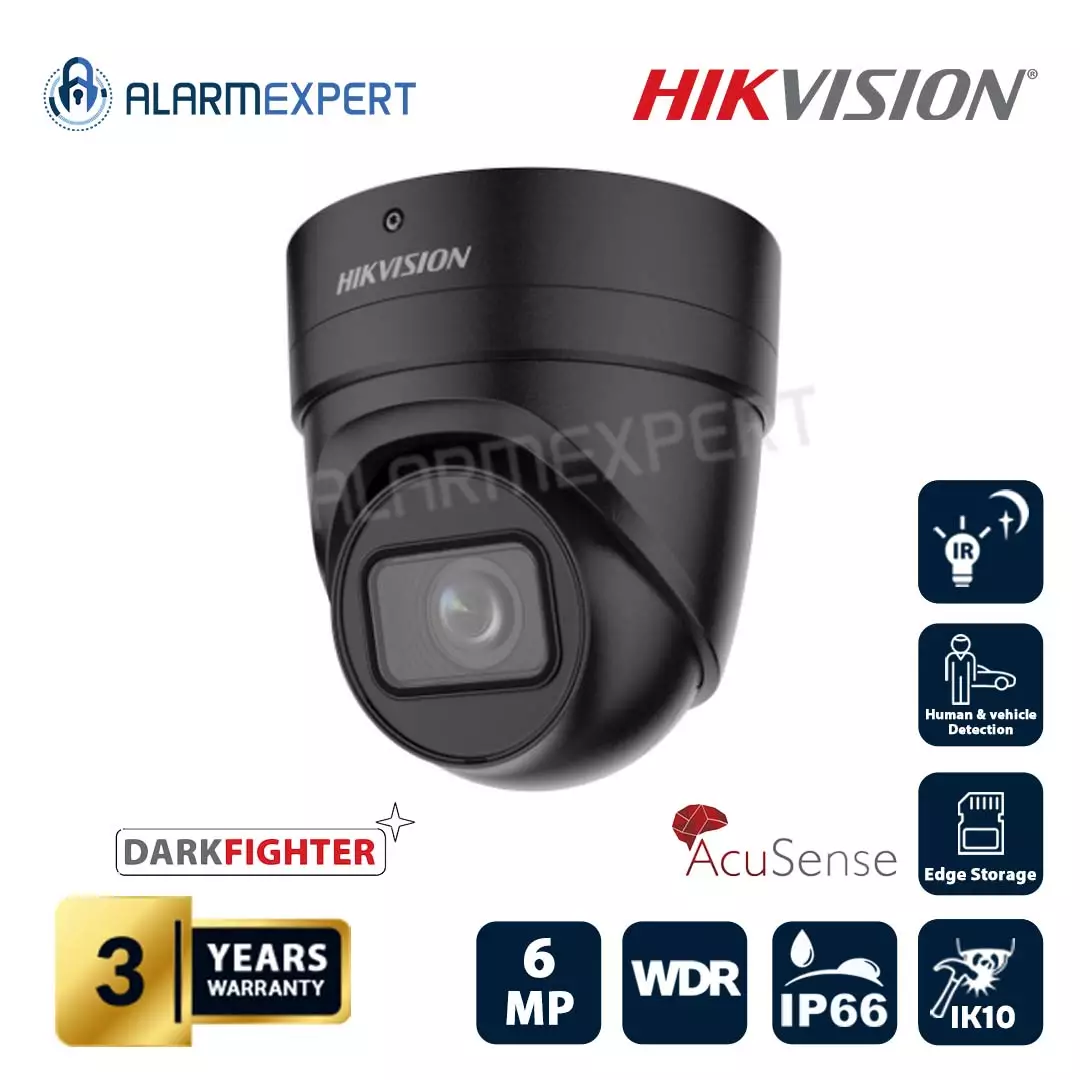 Hikvision 6 MP AcuSense Motorized Varifocal Turret Network Camera Black DS-2CD2H66G2-IZS