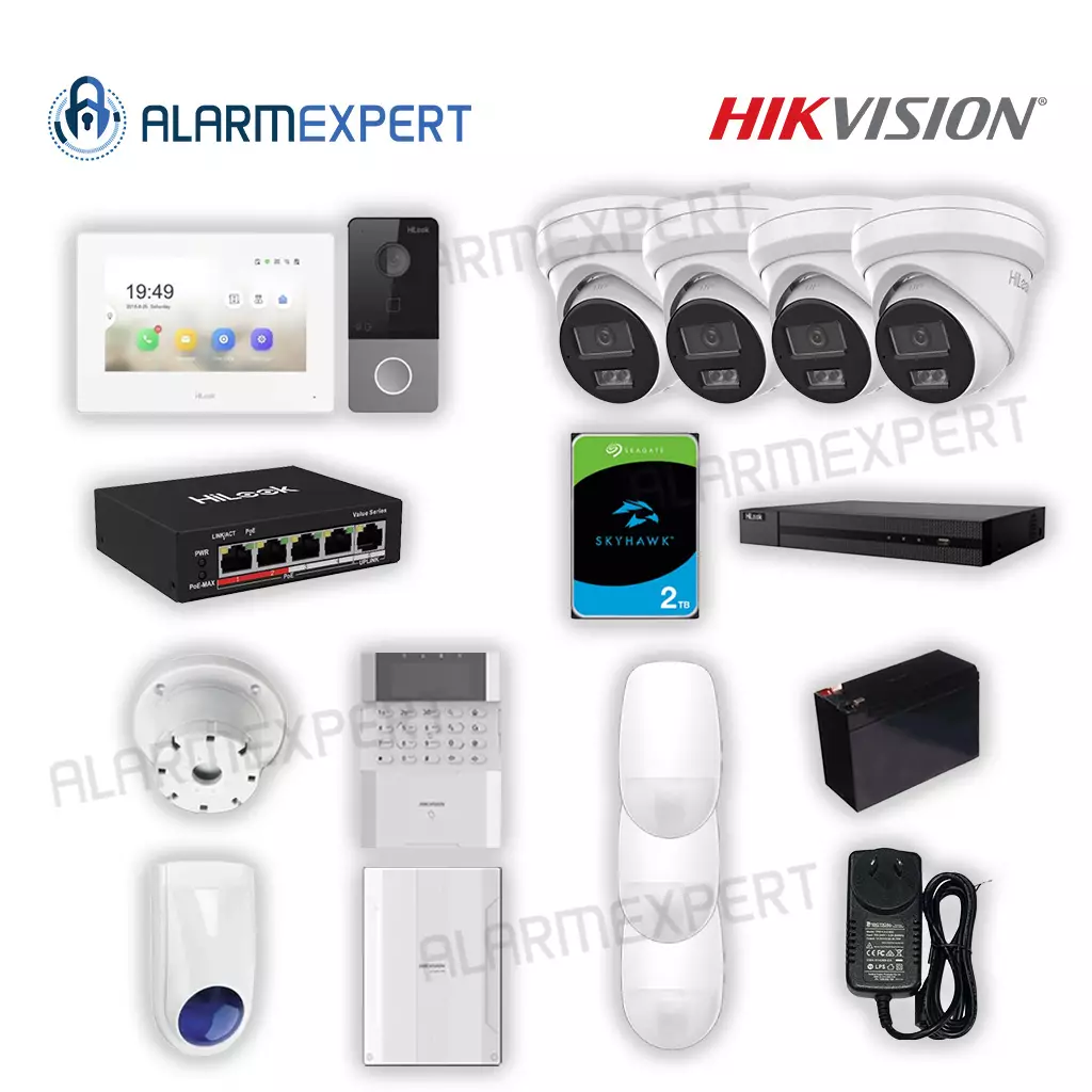 HiLook 3 in 1 Kit With CCTV 4x 6MP, IP Intercom and Alarm Hybrid Pro with 3 PIR