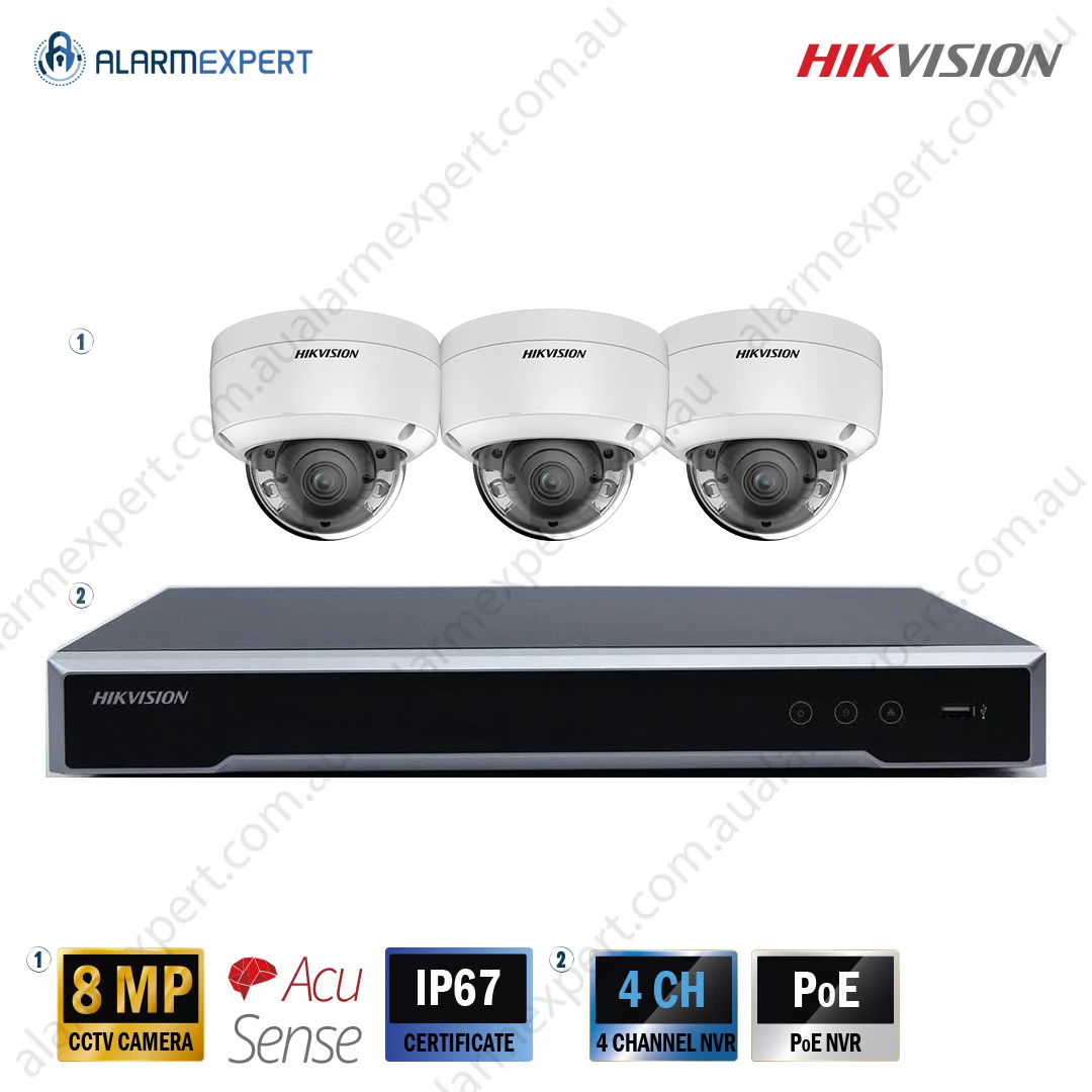 3 x 8 MP Acusense Fixed Dome Bundle Kit with 4CH NVR