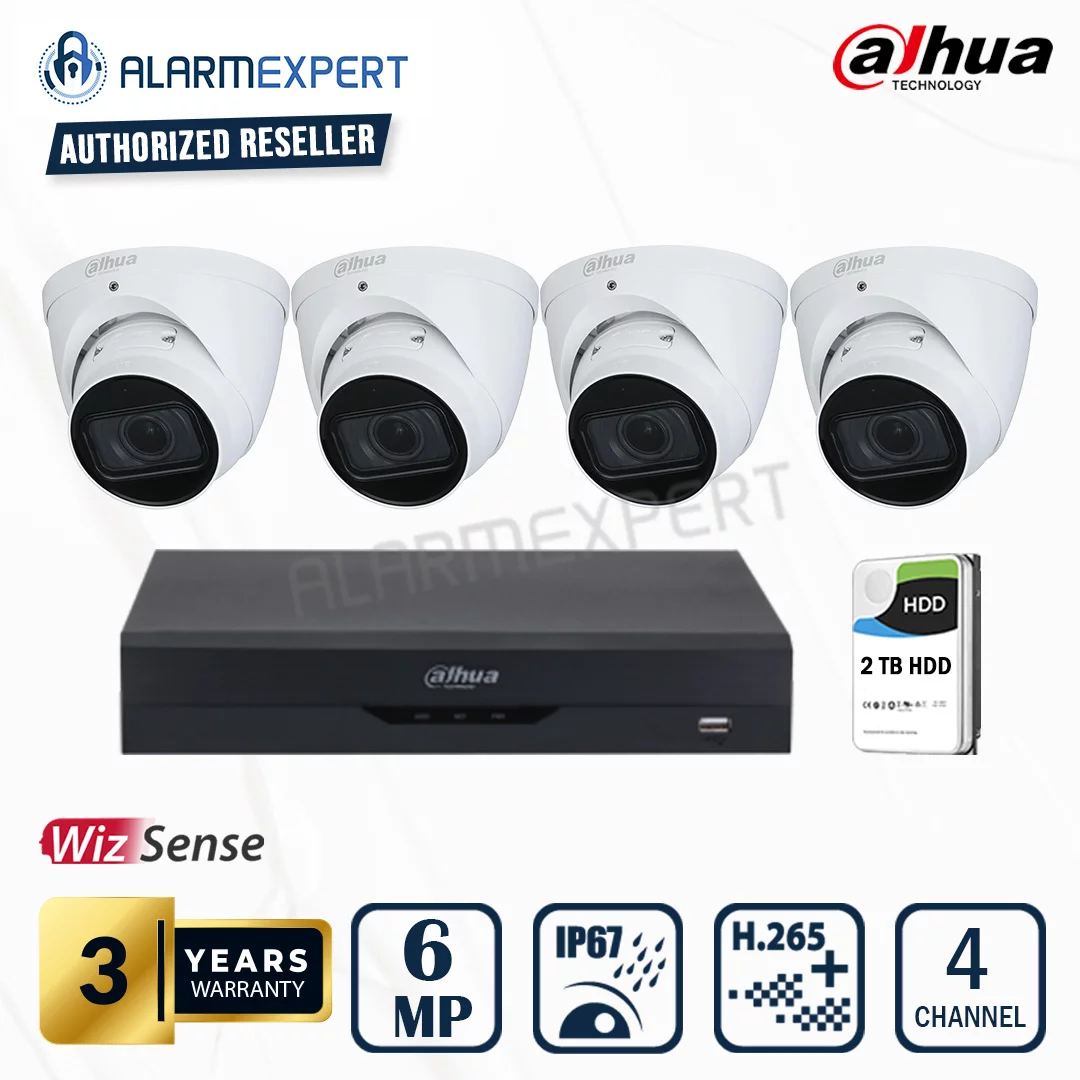 Dahua 4 x 6MP WizSense Motorised Starlight Turret with 4 Channel NVR and 2TB HDD