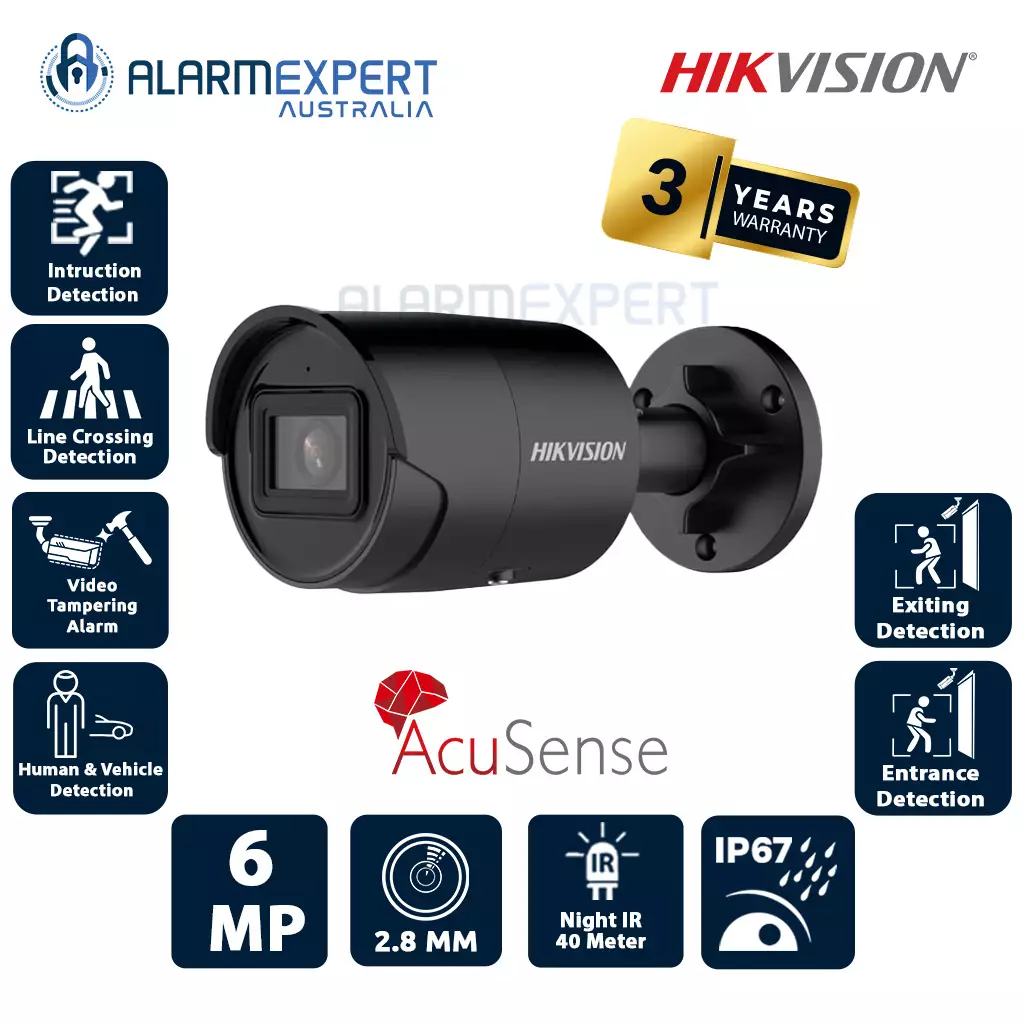 Hikvision 6 MP AcuSense Fixed Lens 2.8 mm Bullet Network Camera Black DS-2CD2066G2-IU