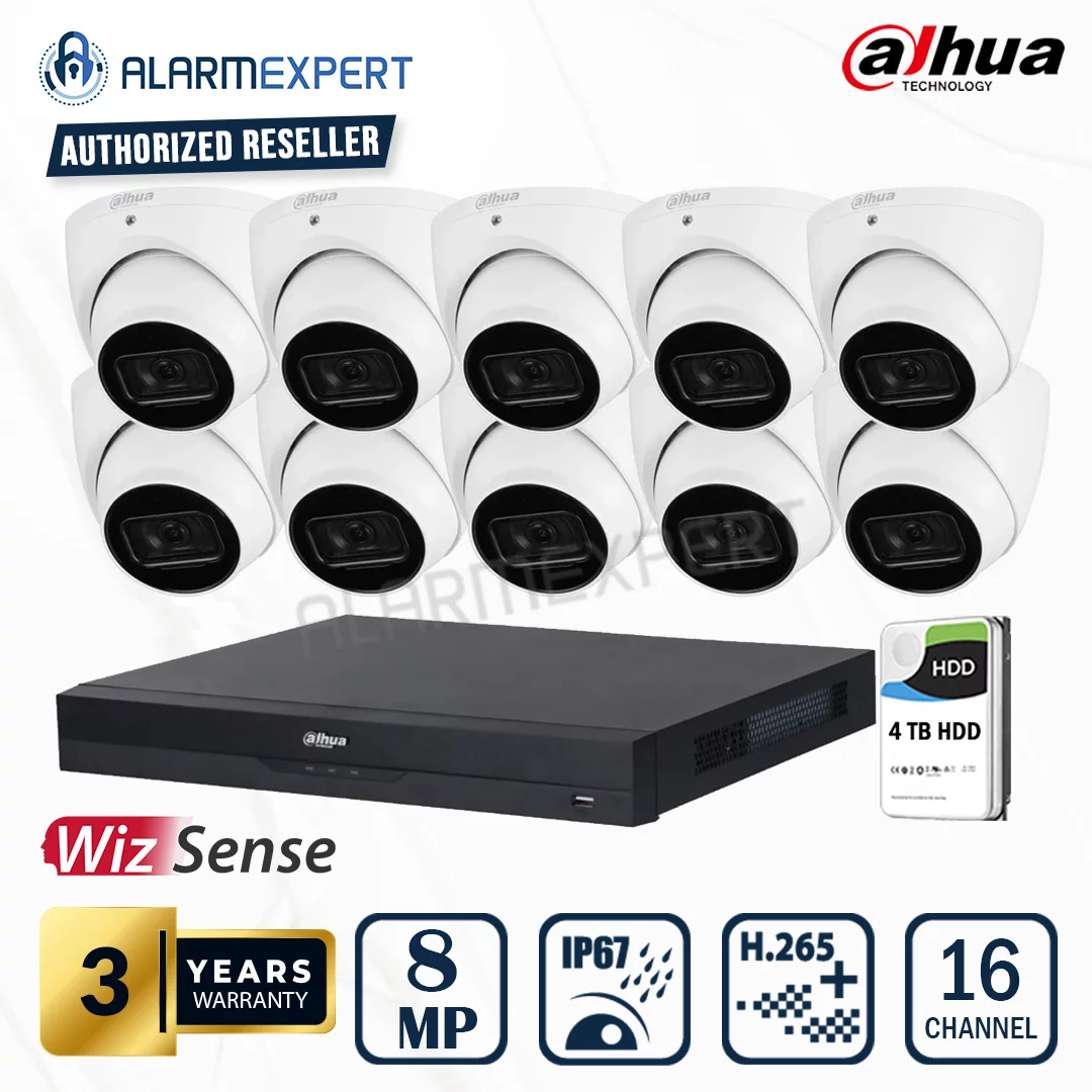 Dahua 10 x 8MP (4K) WizSense Fixed Starlight Turret Camera with 16 Channel NVR and 4TB HDD