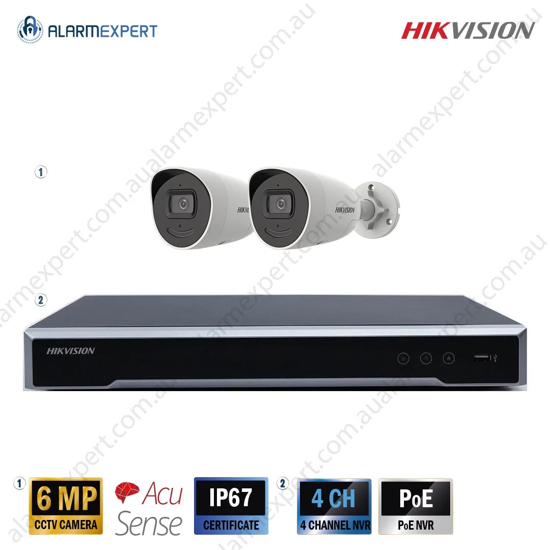 Hikvision 2 x 6 MP AcuSense Fixed Bullet Bundle Kit with 4CH NVR