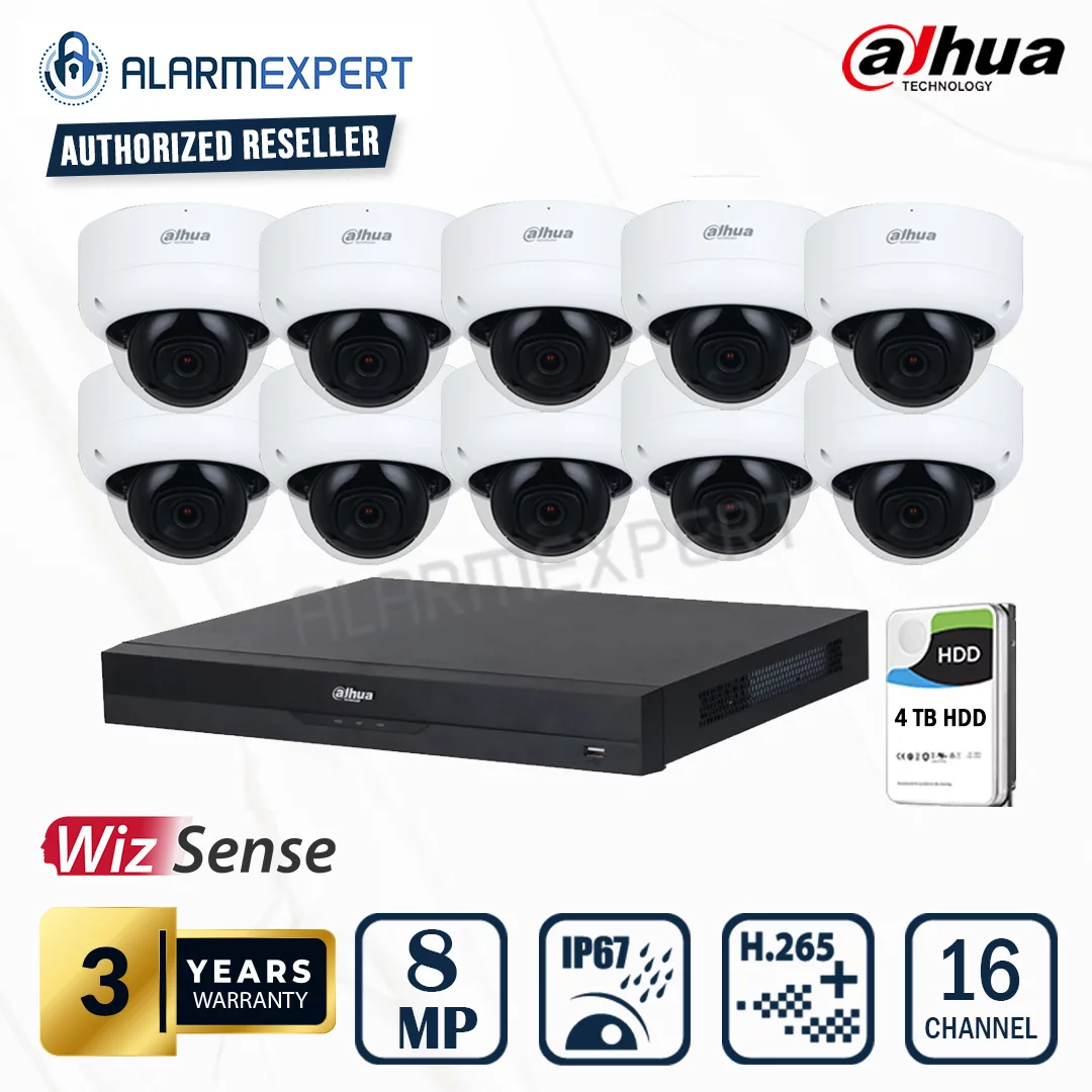 Dahua 10 x 8MP (4K) WizSense Fixed Starlight Dome Camera with 16 Channel NVR and 4TB HDD