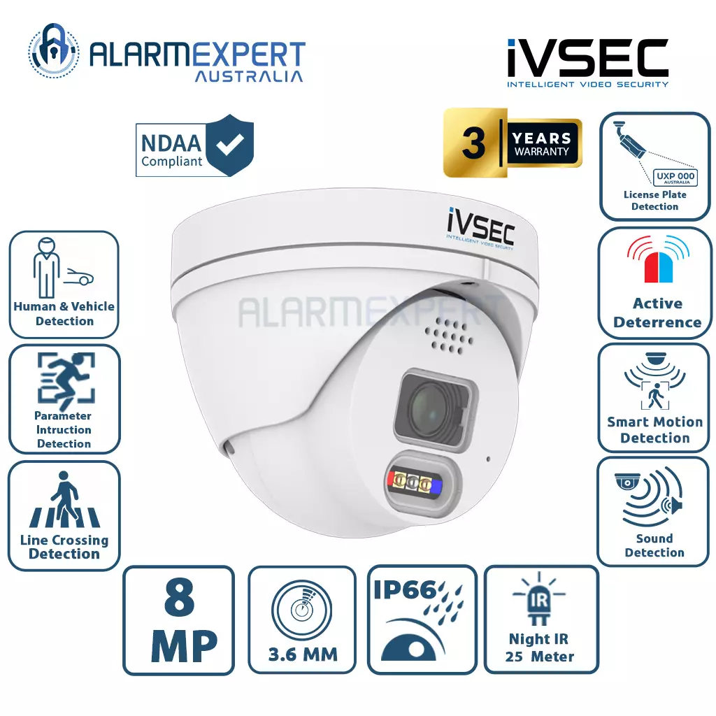 IVSEC IVNC319XA Turret IP Camera, 8MP, 3.6 mm lens, Led Alert, 2 Way Audio, Full Colour,IVS