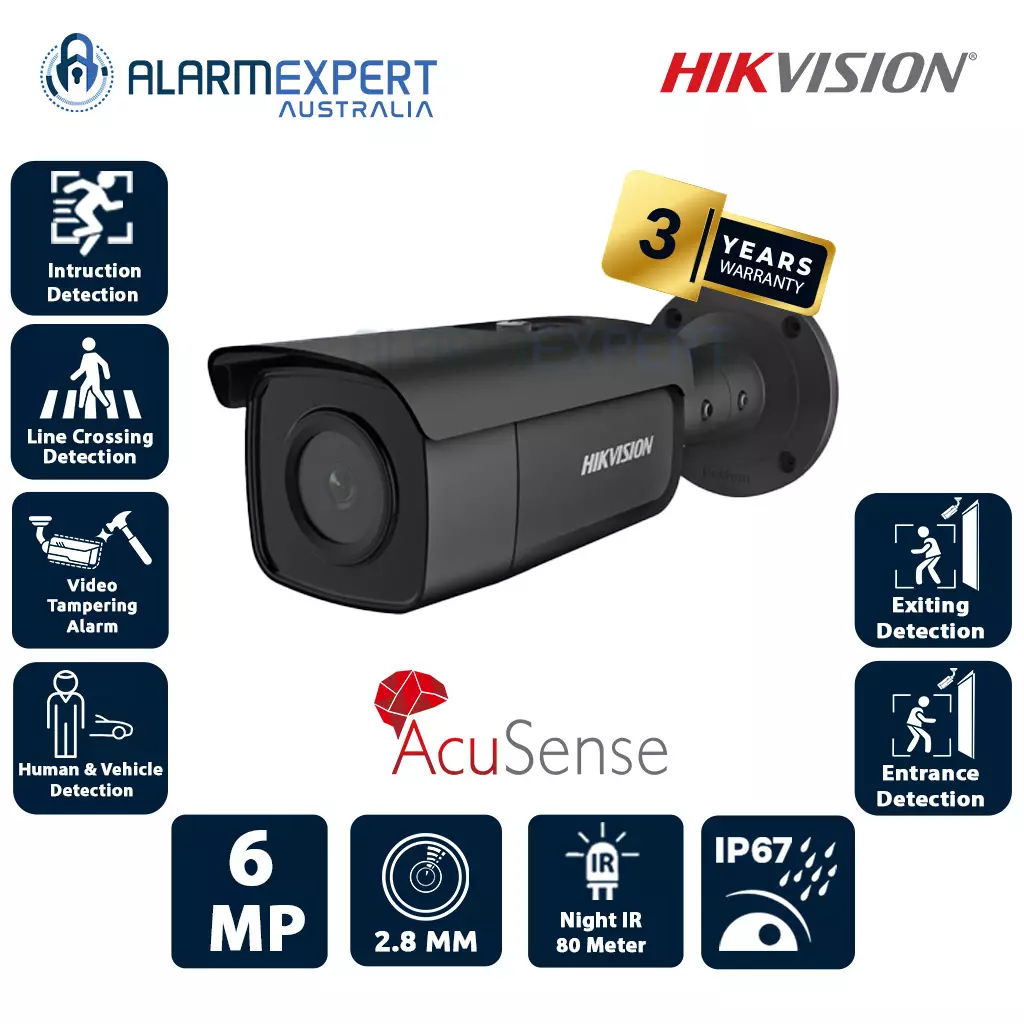 Hikvision 6 MP AcuSense Fixed Lens 2.8 mm Bullet Network Camera Black DS-2CD2T66G2-4I