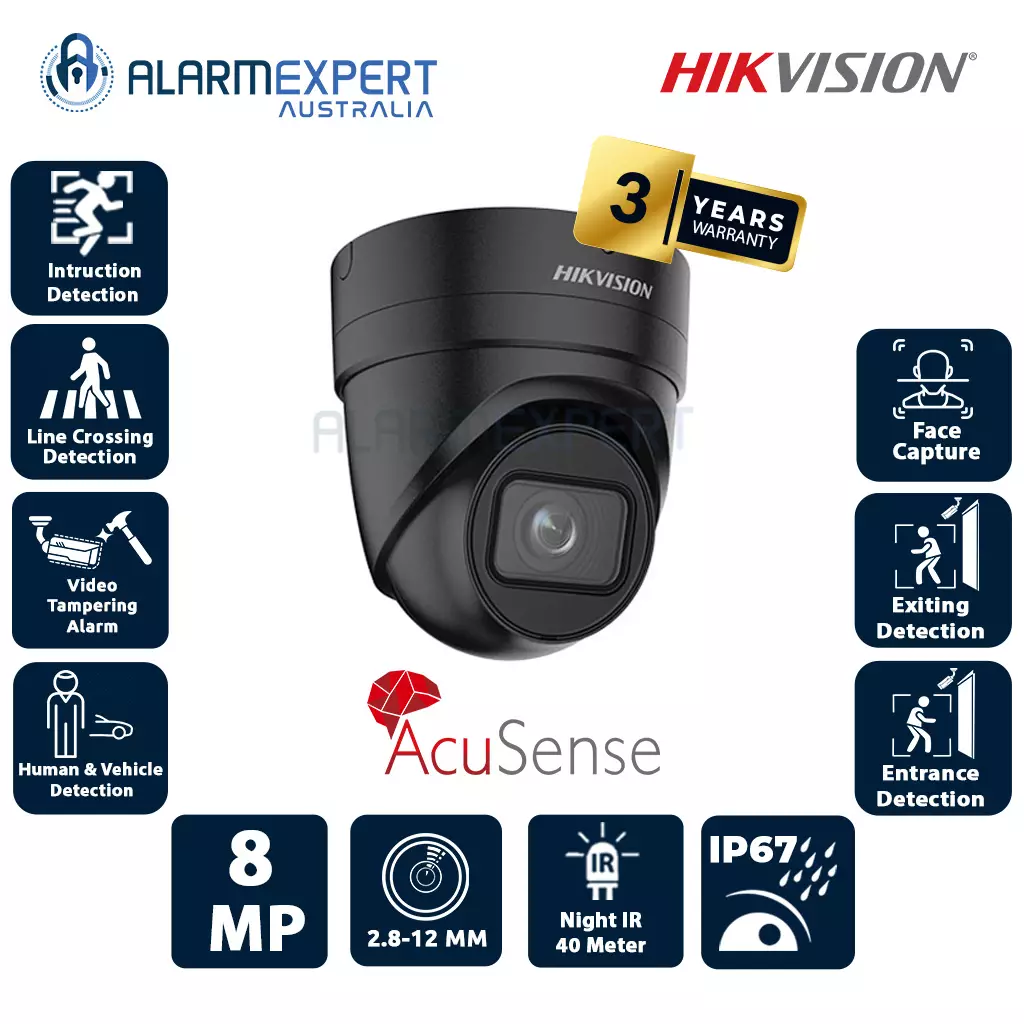 Hikvision 8 MP Acusense Motorized Varifocal Turret Network Camera Black DS-2CD2H86G2T-IZS