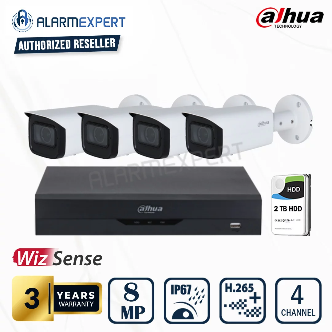Dahua 4 x 8MP (4K) WizSense Motorised Starlight Bullet Camera with 4 Channel NVR and 2TB HDD