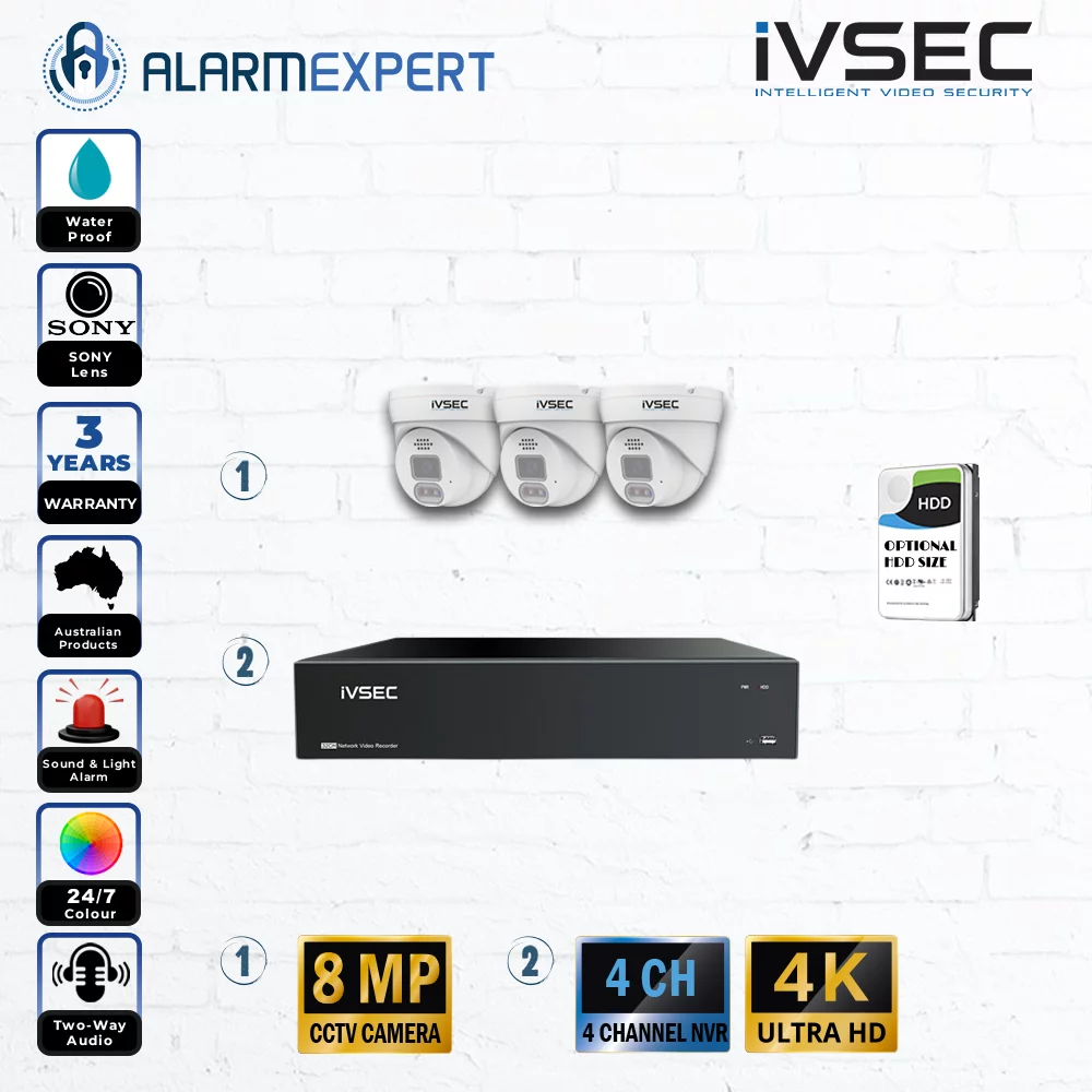 IVSEC 3 x 8MP Turret IP Bundle Kit with 4CH NVR