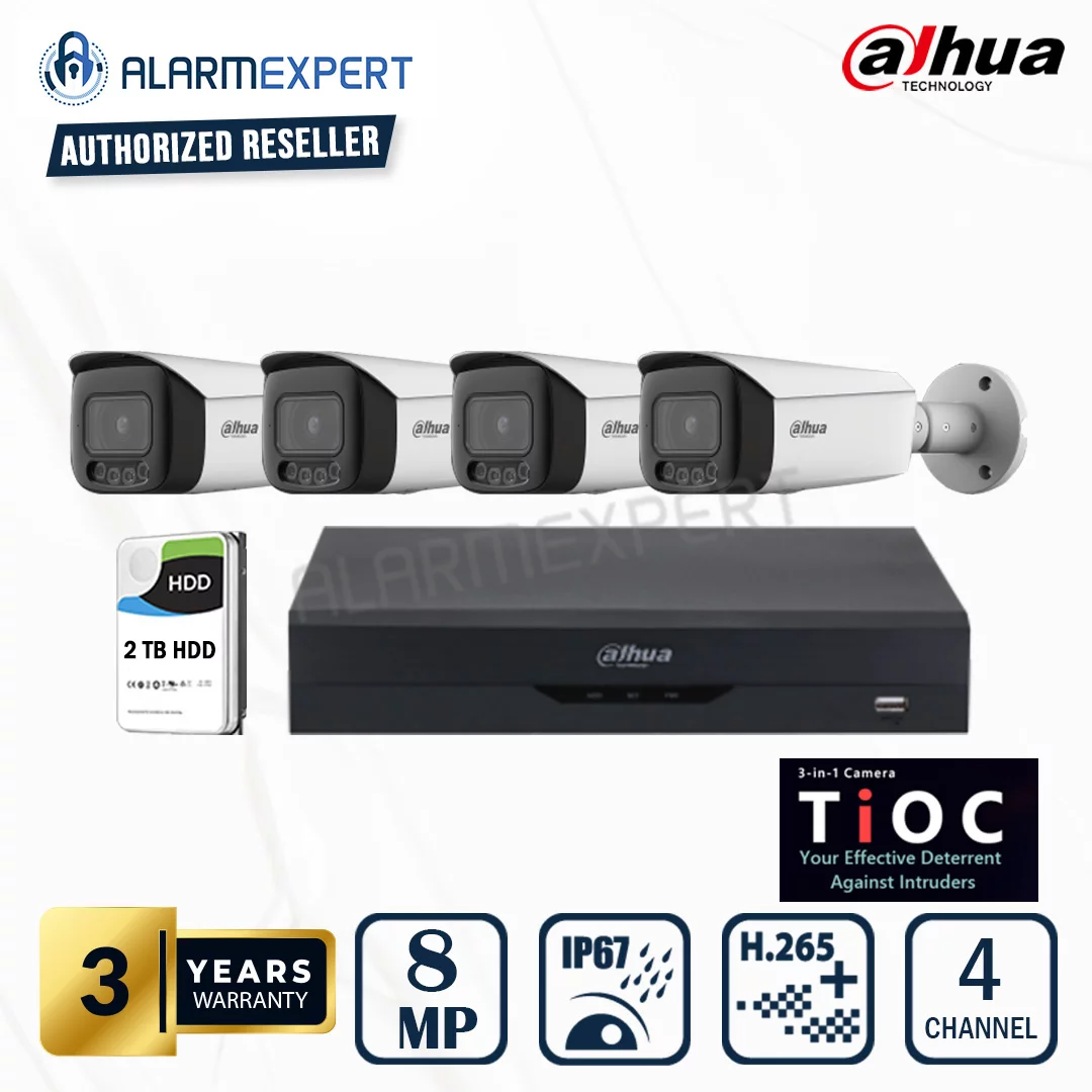 Dahua 4x 8MP TiOC Active Deterrence 2.0 IP Bullet Fixed 2.8mm IP Camera with 4 Channel NVR & 2TB HDD