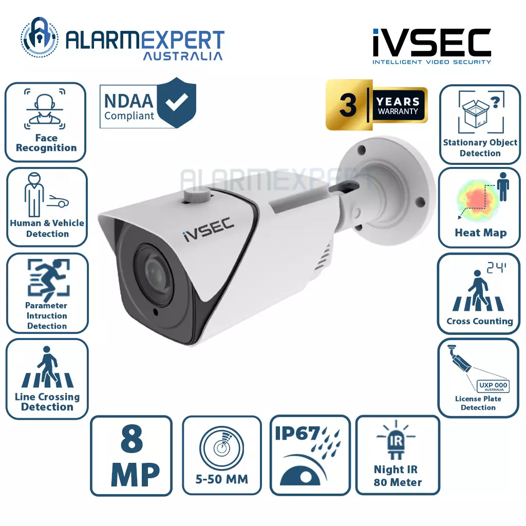 IVSEC Bullet IP Camera, 8MP, 5-50MM Motorised Lens, POE, IP66, 80M IR, IVS, LPR | NC528XD