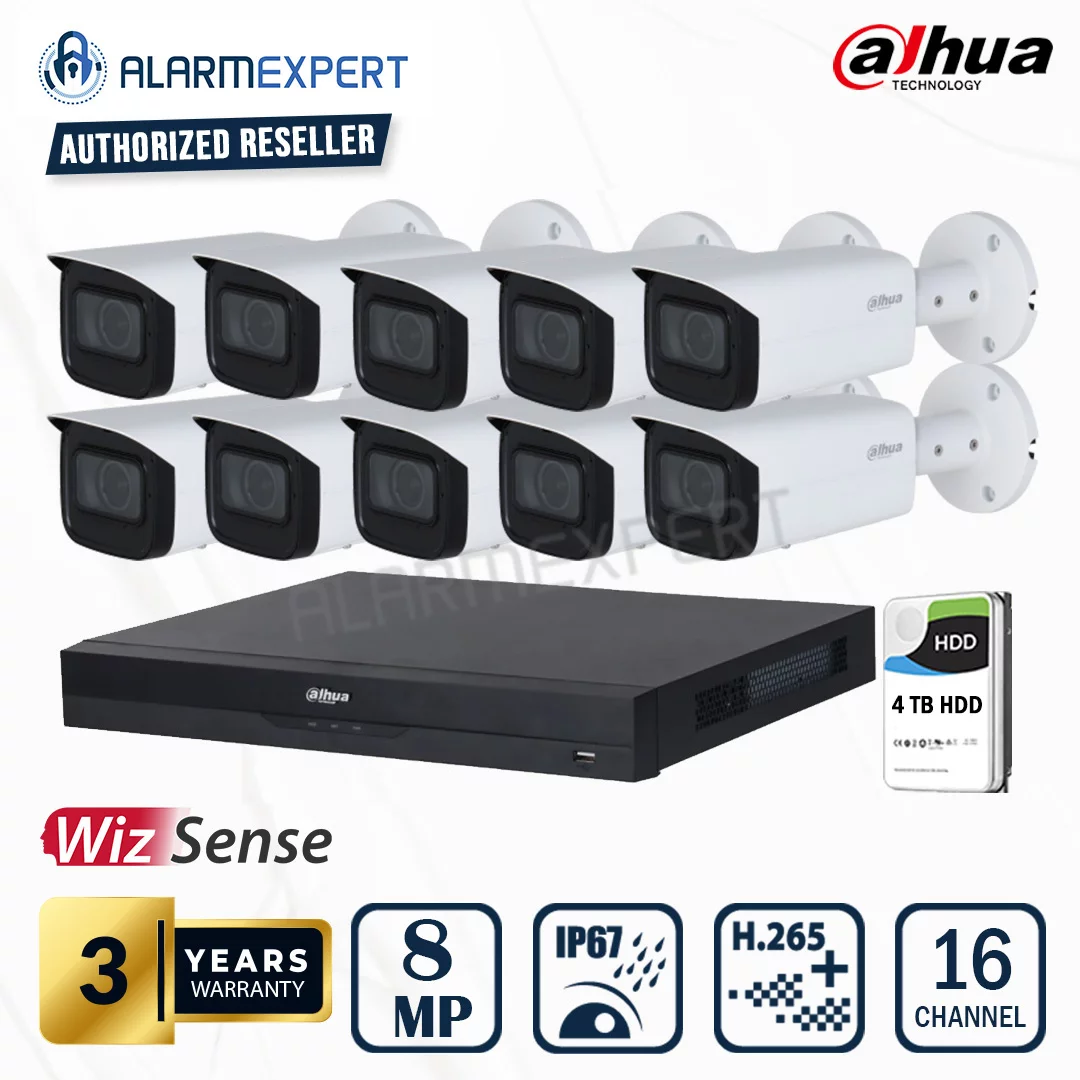 Dahua 10 x 8MP (4K) WizSense Motorised Starlight Bullet Camera with 16 Channel NVR and 4TB HDD