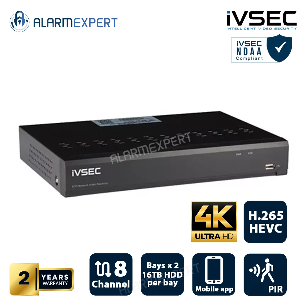 IVSEC NVR, 8 Channels, 12MP, 8 EPoe Ports, 2 Bays, H265, 4K HDMI, IVS  IVNR3082X