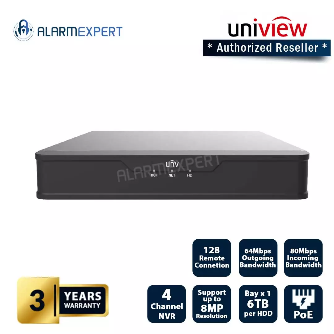 Uniview NVR 4 Channel 4x Poe Upto 8mp 1x SATA HDD Port Up To 6TB NVR301-04E2-P4