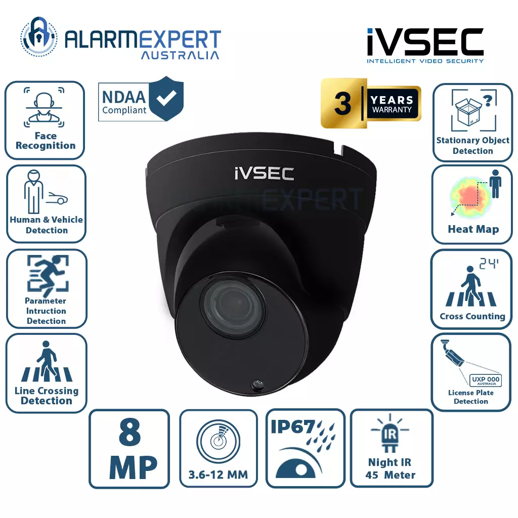 IVSEC IVNC512XD-BLK Dome IP Camera, 8MP, Sony Sensor, Motorised 2.8-12 Lens, POE, IP66, 45m IR,Black